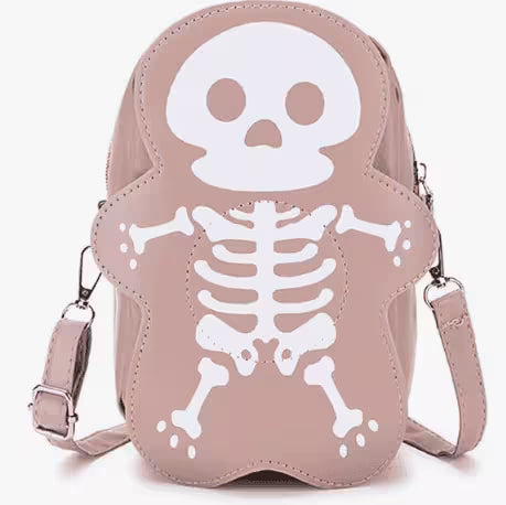 Pink crossbody bag with skeleton design on a white background