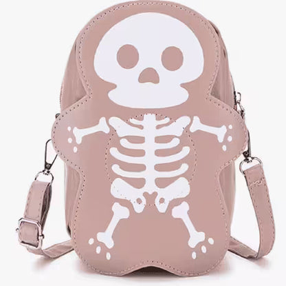 Pink crossbody bag with skeleton design on a white background