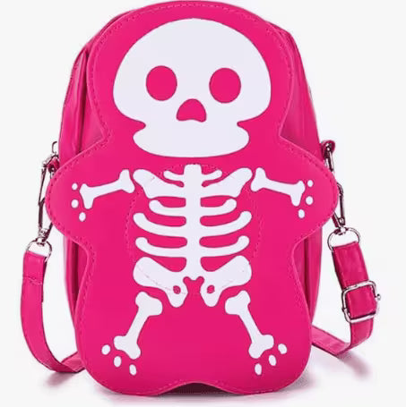 Pink backpack with skeleton design on a white background