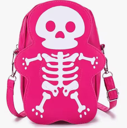 Pink backpack with skeleton design on a white background