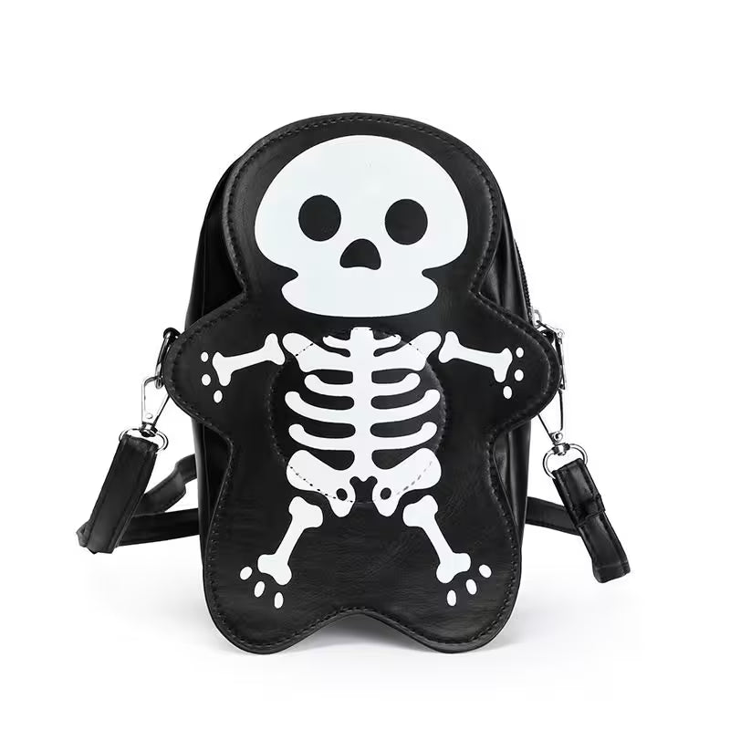 Black leather bag with skeleton design on a white background