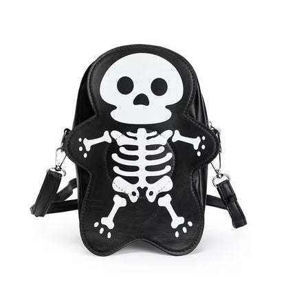 Black leather bag with skeleton design on a white background
