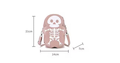 Pink bag with skeleton design and measurements on a white background