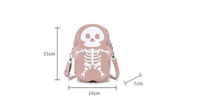 Pink skeleton-themed crossbody bag with measurements on a white background