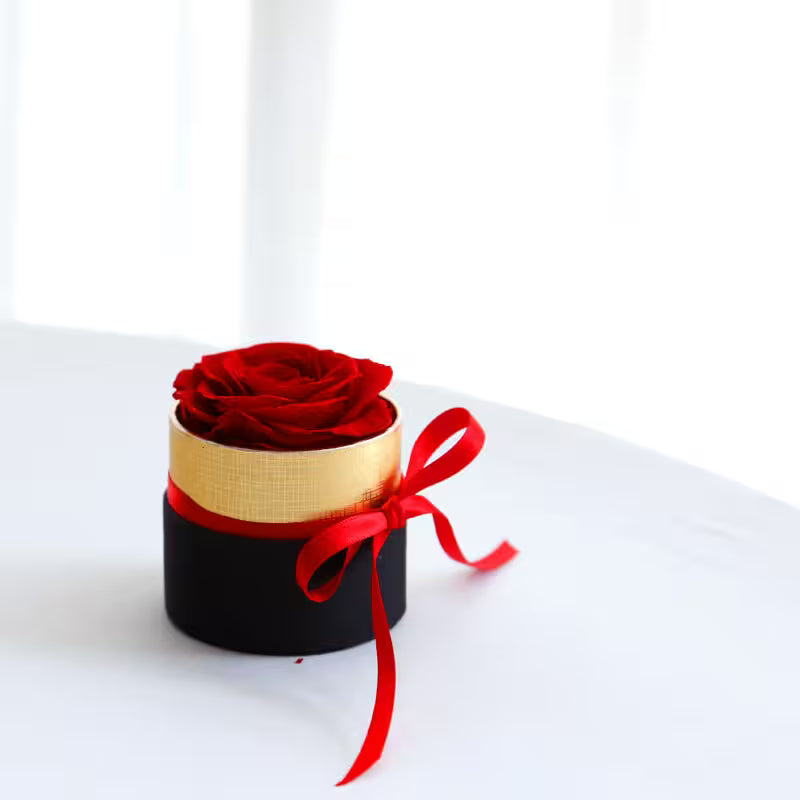Round black box with a red rose and red ribbon on a white background