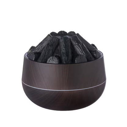 Wooden charcoal holder with black charcoal pieces on a white background