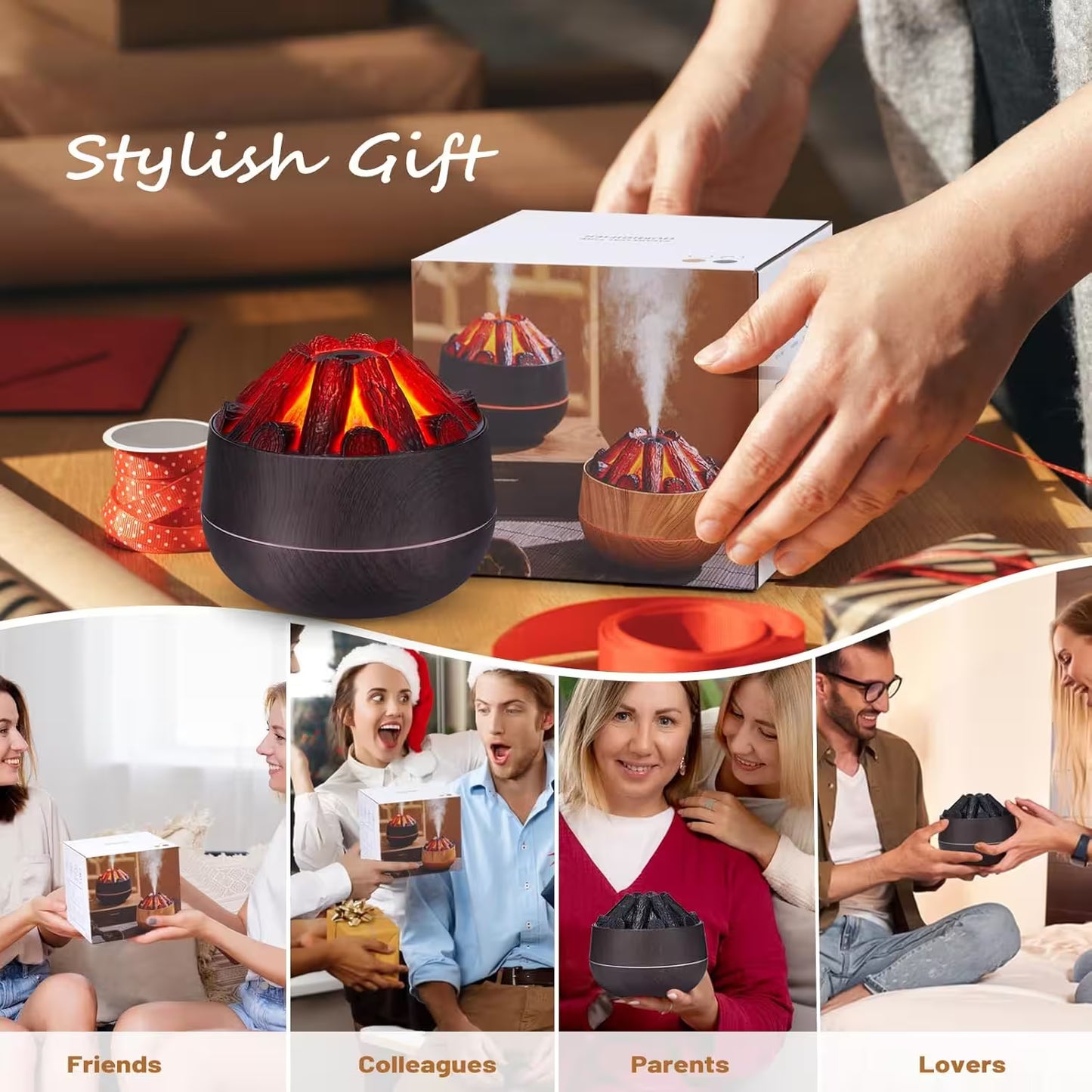 Stylish gift item being opened with people around, labeled for different relationships.