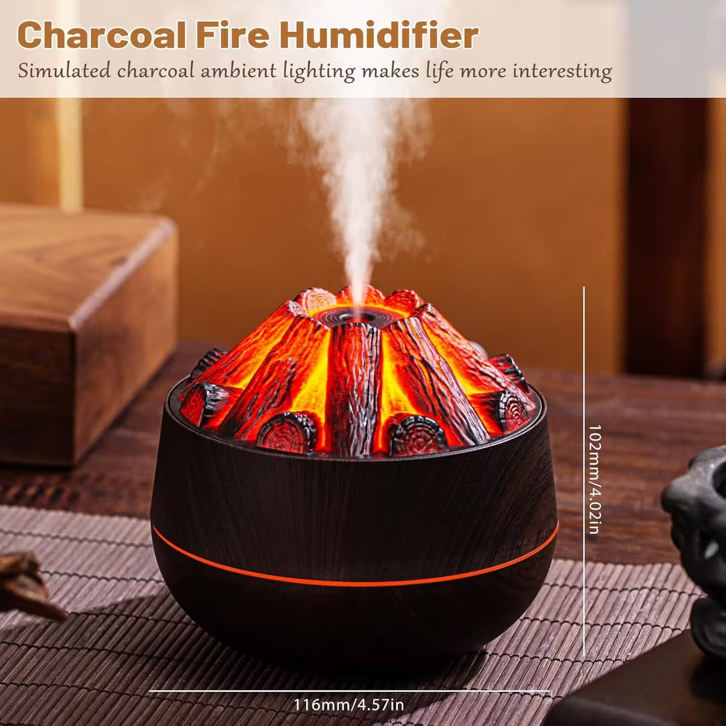 Charcoal fire humidifier with simulated charcoal design on a wooden surface.