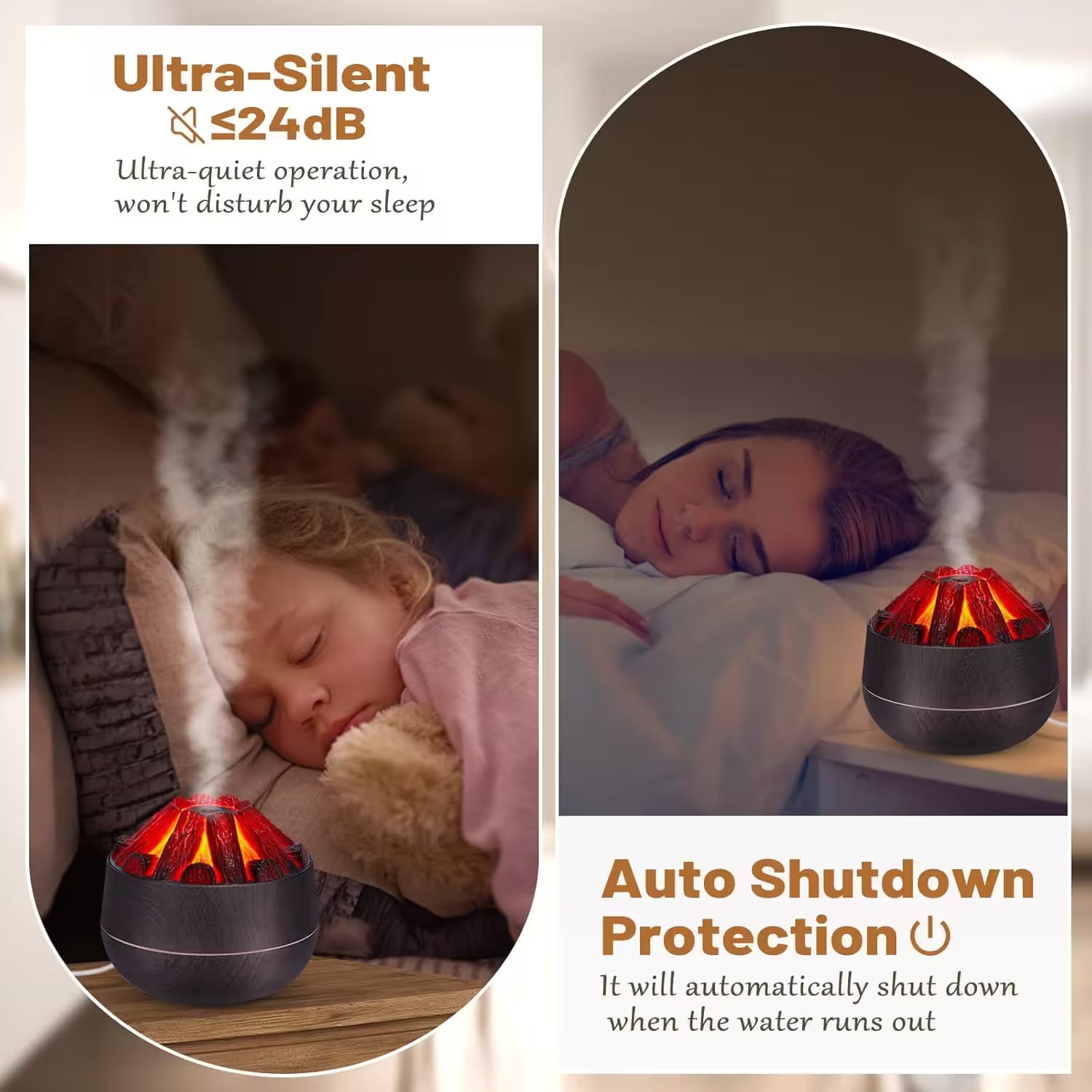 Sleep aid device with red light emitting steam, used by a child and a woman, with text about ultra-silent operation and auto shutdown protection.