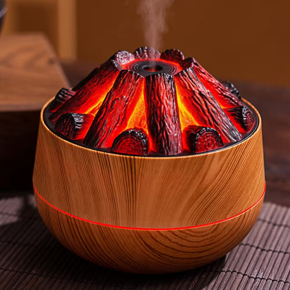 Wooden lava lamp with red interior and steam rising, on a textured surface.