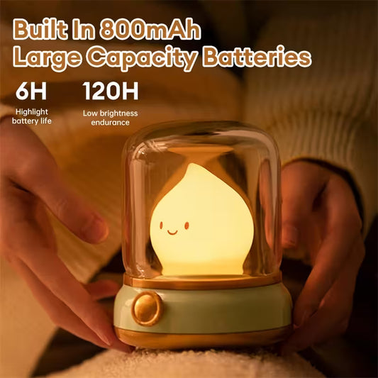 Small lamp with a smiley face design held by hands, featuring text about battery capacity.
