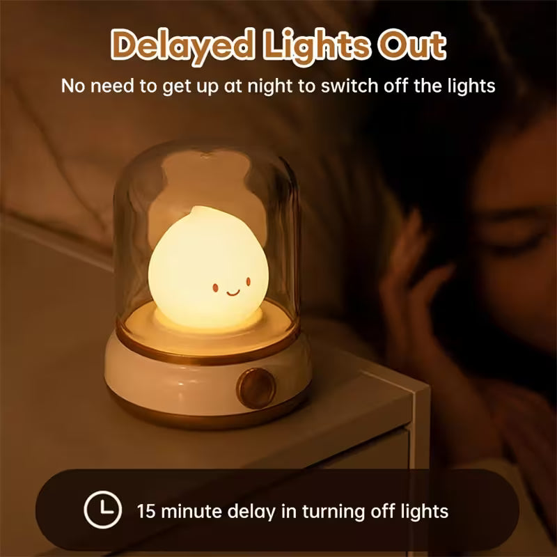 Cute lamp with a 15-minute delay feature on a nightstand.