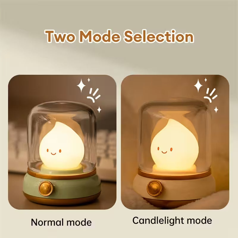 Two modes of a night light with a smiling candle design on a beige background.
