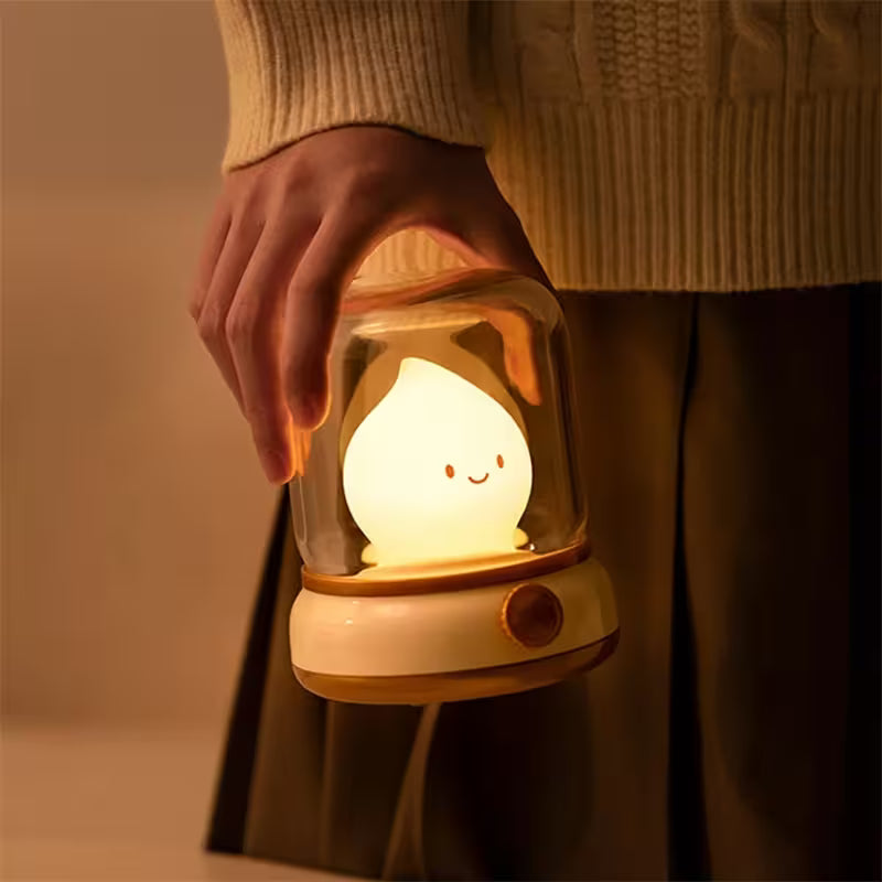 Hand holding a glass lantern with a glowing light bulb inside, against a neutral background.