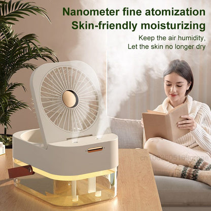 Portable humidifier on a table with a woman reading a book in the background, surrounded by plants.
