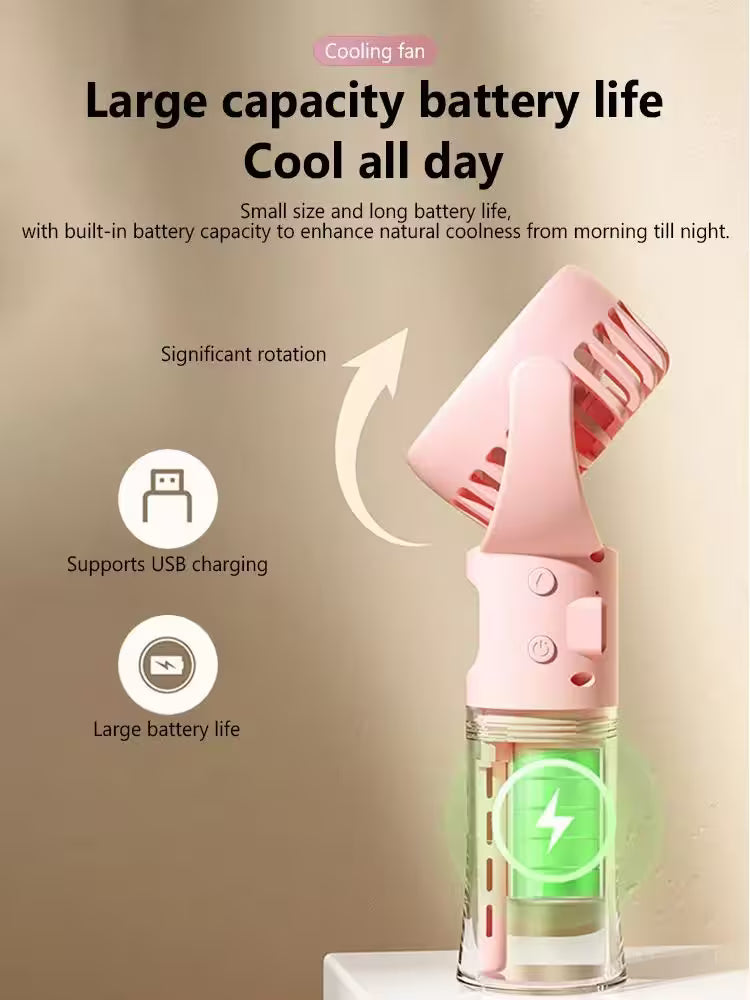Pink handheld cooling fan with USB charging and large battery life features on a beige background.