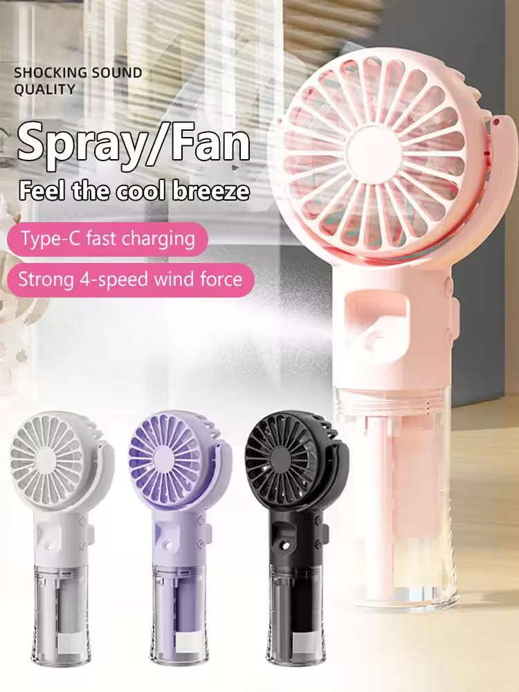 Handheld spray/fan with multiple color options on a blurred background