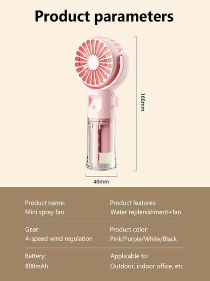 Mini spray fan with dimensions and product details on a beige background