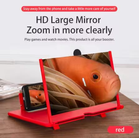 Red phone stand with mirror feature displaying a fish, on a wooden surface.