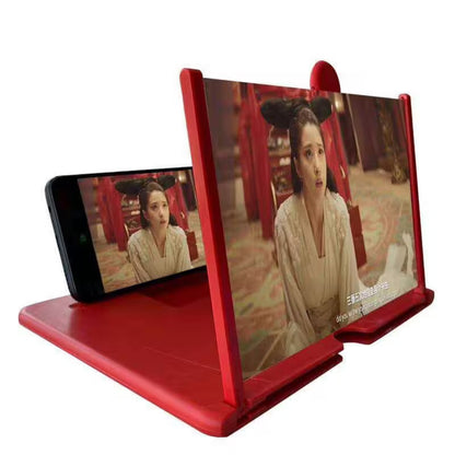Red phone screen magnifier displaying a scene from a movie with a woman in traditional attire.