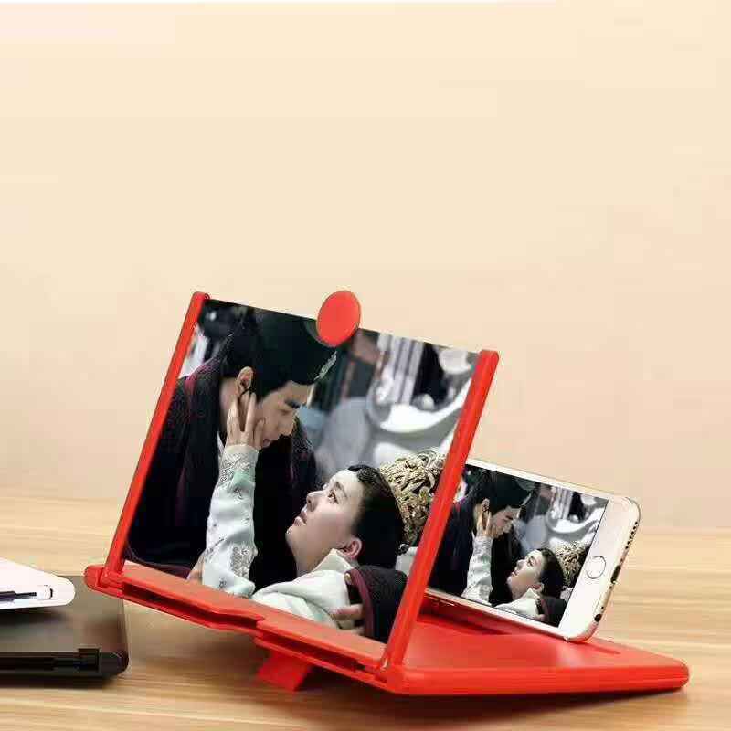Red phone stand displaying a scene with two people on a beige background