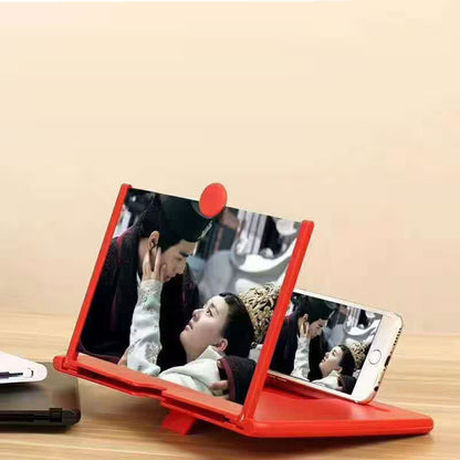 Red phone stand displaying a scene with two people on a beige background