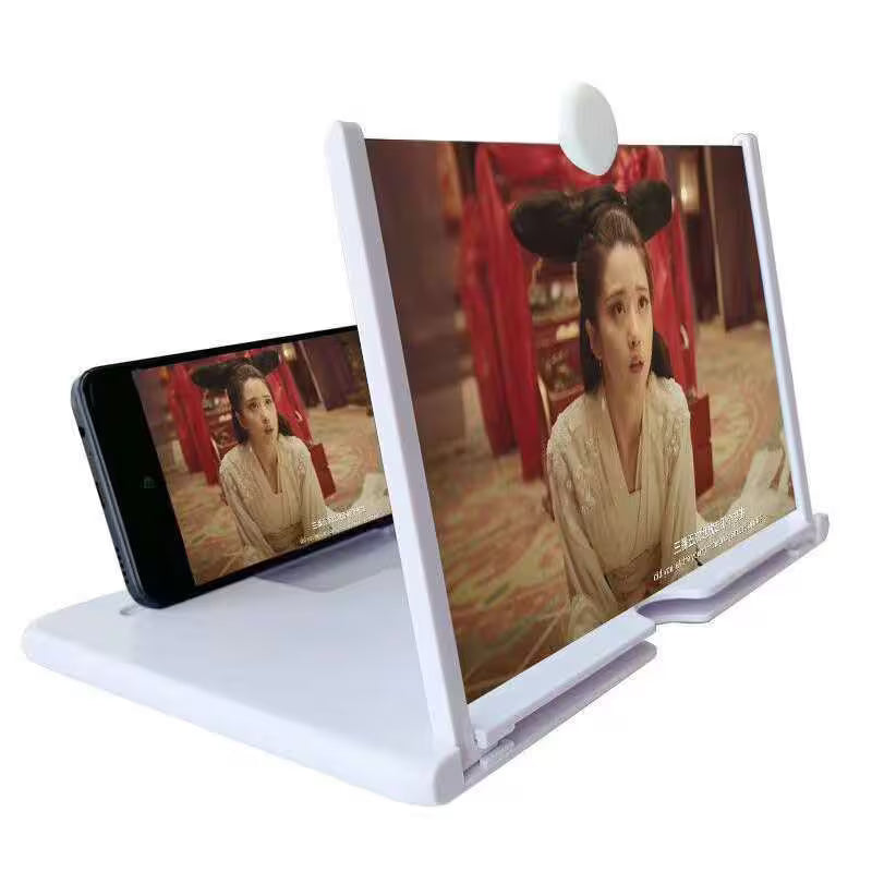 Phone stand with screen magnification feature displaying a scene from a movie.