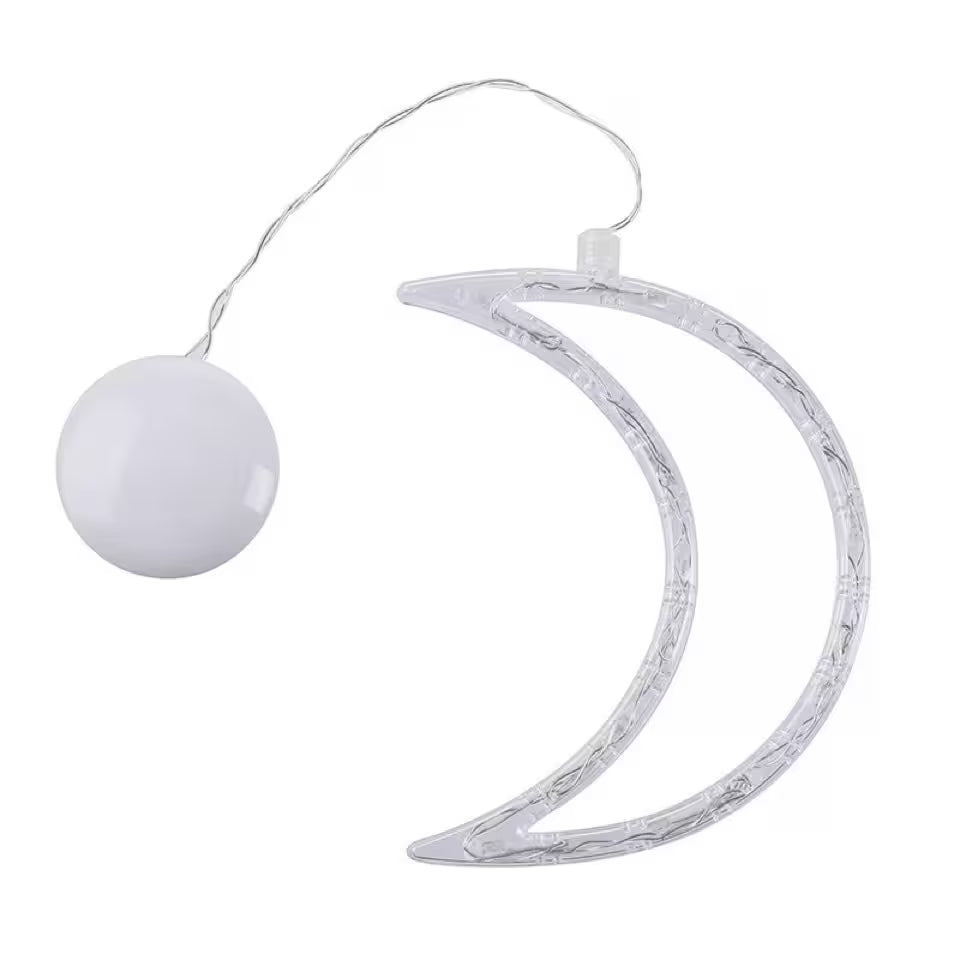 Decorative light with a moon-shaped holder and a spherical bulb on a white background