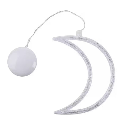 Decorative light with a moon-shaped holder and a spherical bulb on a white background