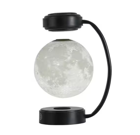 Moon-shaped lamp with black base and arm on a white background