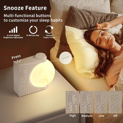 Woman sleeping with a night light on a nightstand, featuring snooze feature and multi-functional buttons.