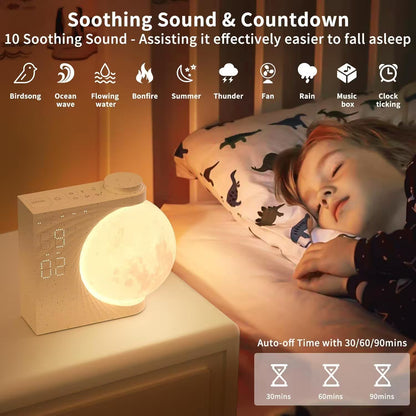 Child sleeping with a night light on a nightstand, featuring soothing sound options.