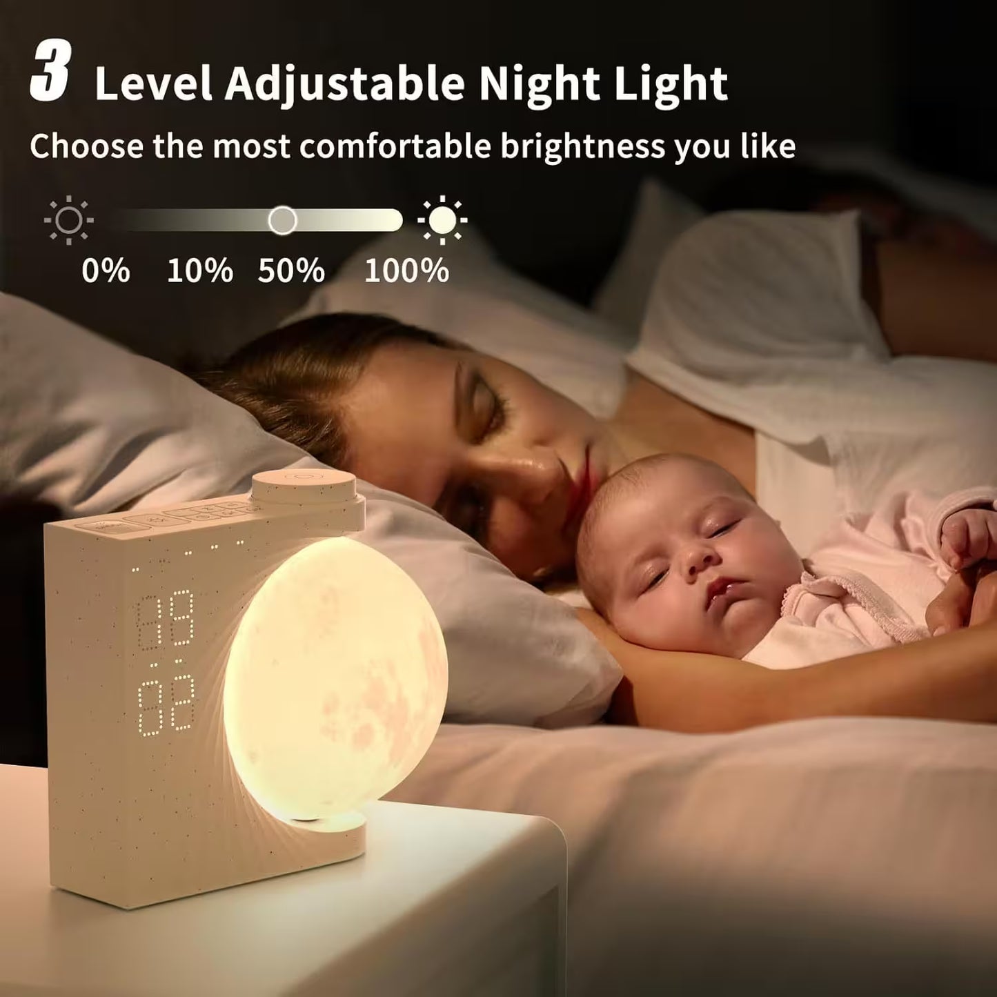 Woman and baby lying in bed with a night light displaying the time.