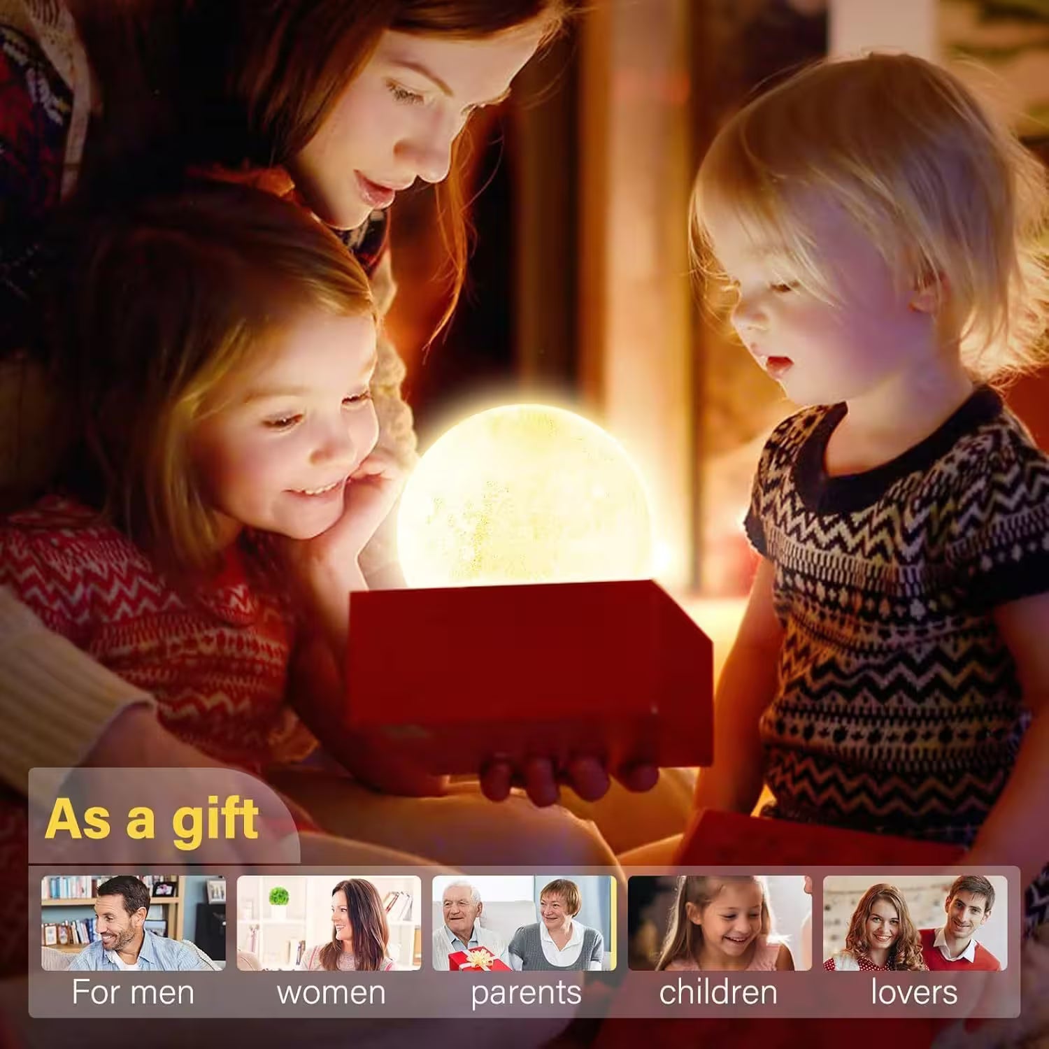 Two children and a woman looking at a glowing device together, with text indicating it as a gift for various recipients.