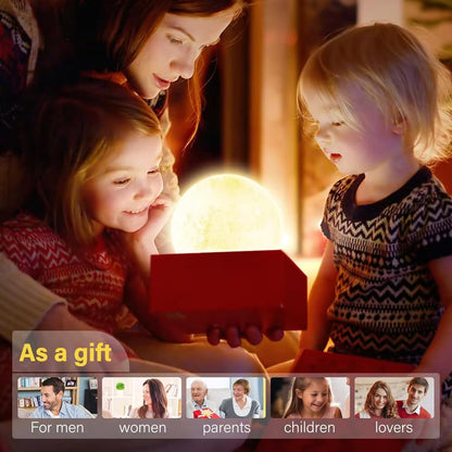 Two children and a woman looking at a glowing device together, with text indicating it as a gift for various recipients.