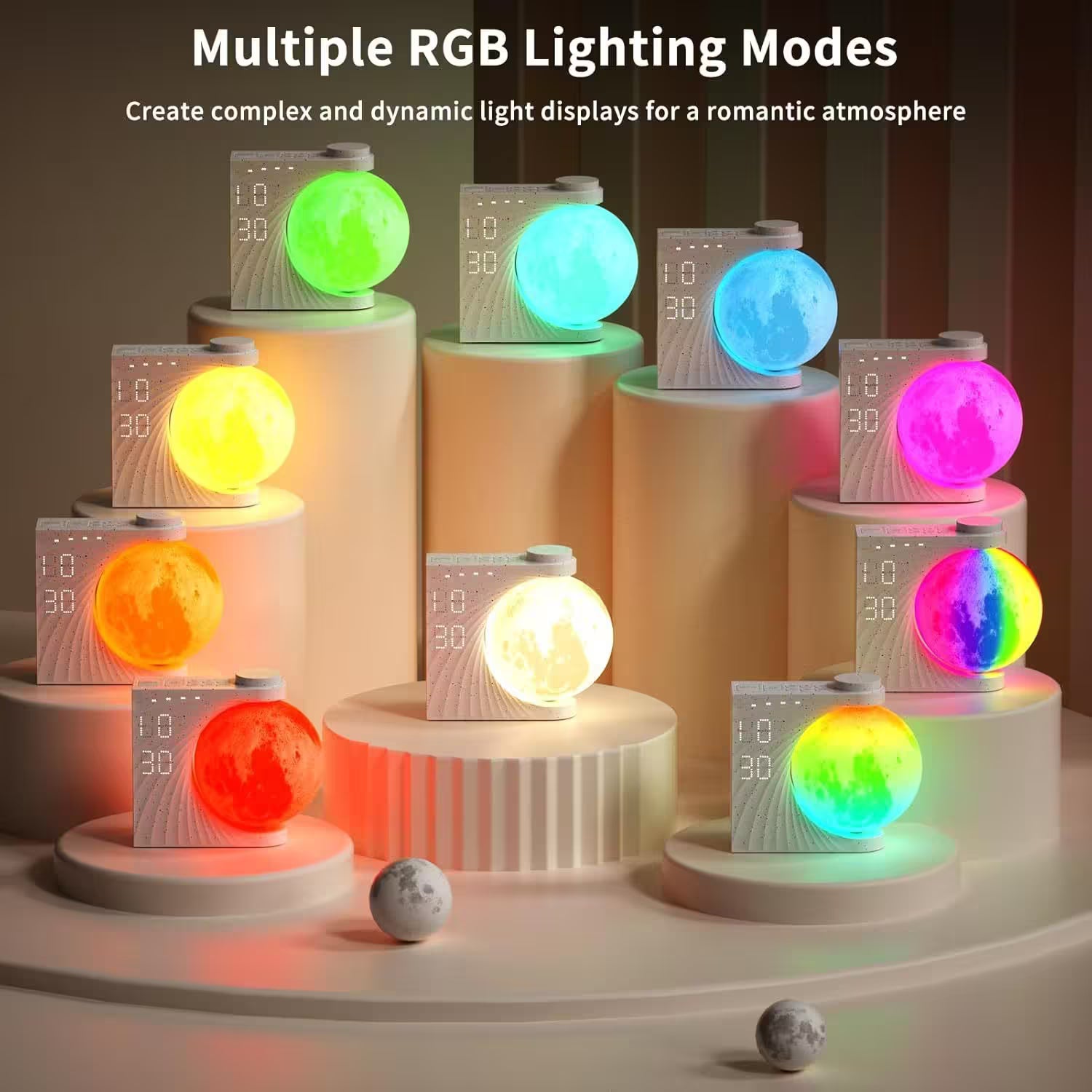 RGB lighting modes on decorative items with colorful lights and digital displays.