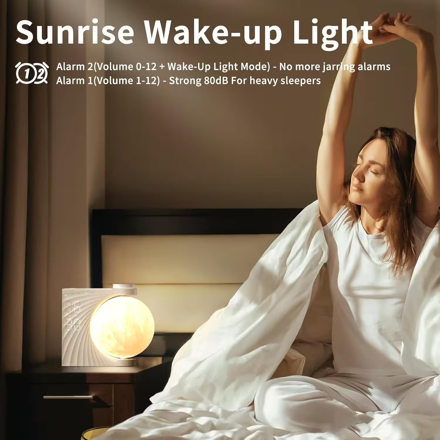 Woman waking up in a bedroom with a sunrise wake-up light on a nightstand.