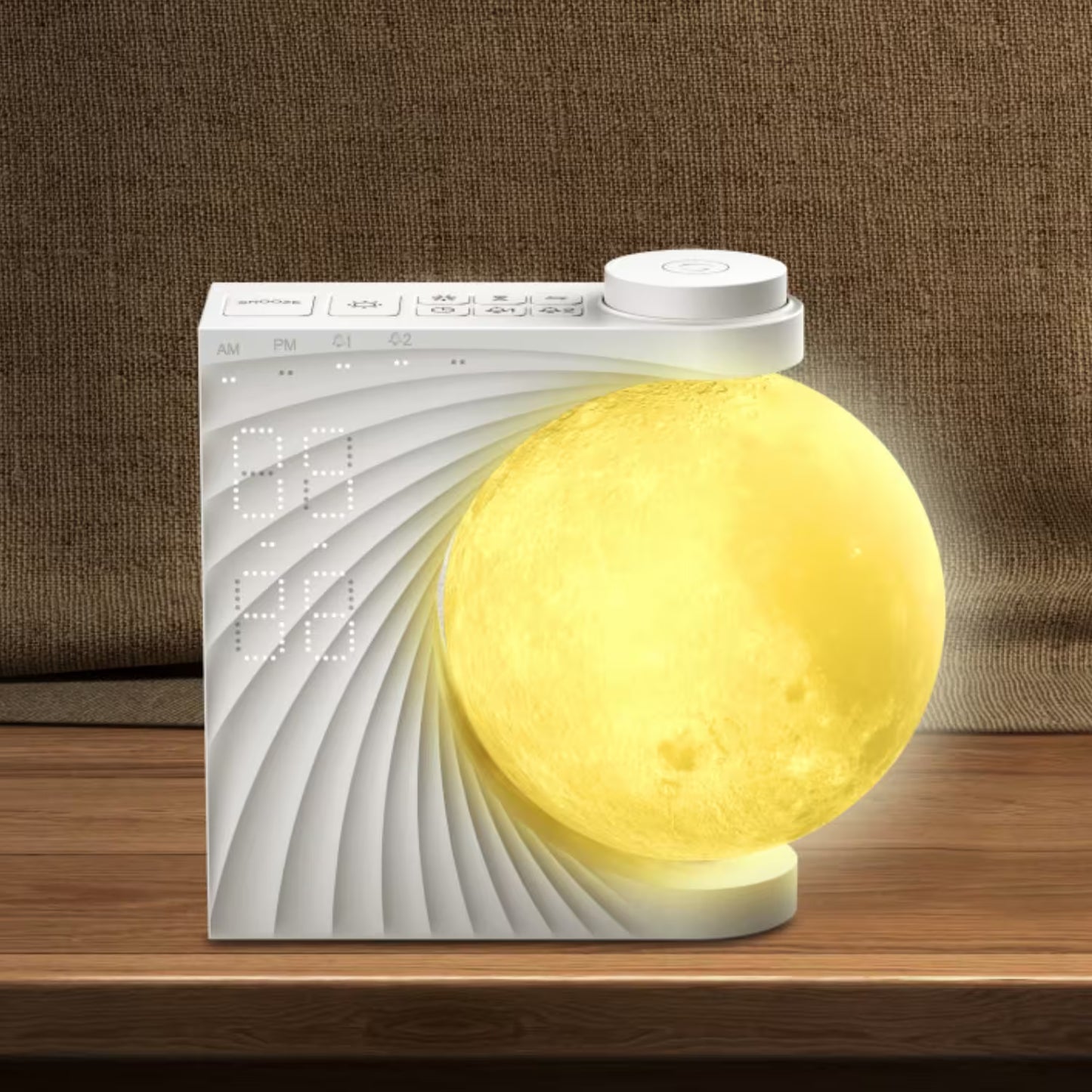 Moon-shaped lamp with packaging on a wooden surface