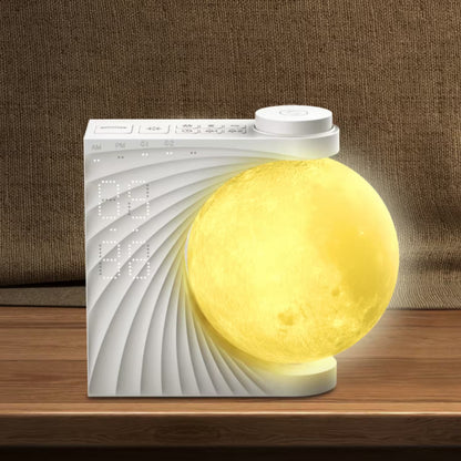 Moon-shaped lamp with packaging on a wooden surface