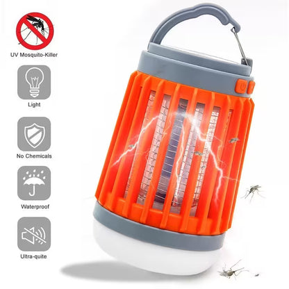 Orange UV mosquito killer lamp with features listed on a white background