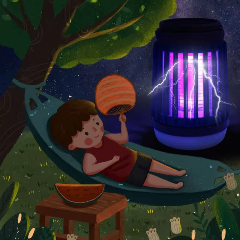 Illustration of a child in a hammock with a fan and watermelon, next to a glowing insect repellent lamp.