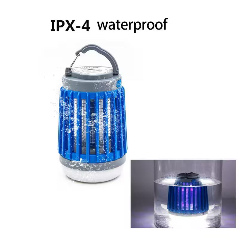 Blue portable lantern with IPX-4 waterproof label on a white background