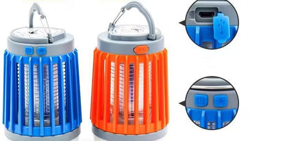 Two camping lanterns, one blue and one orange, with close-up details on a white background.