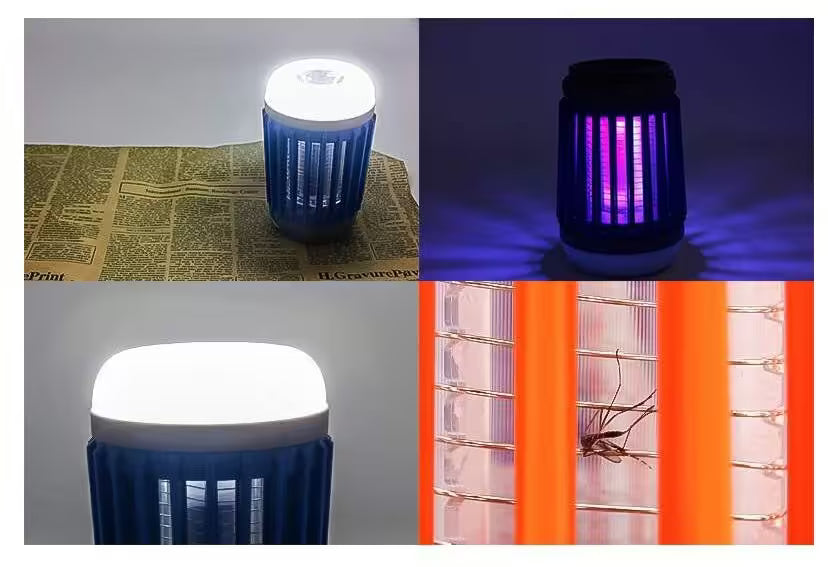 Mosquito zapper with LED light and insect trap on a newspaper background