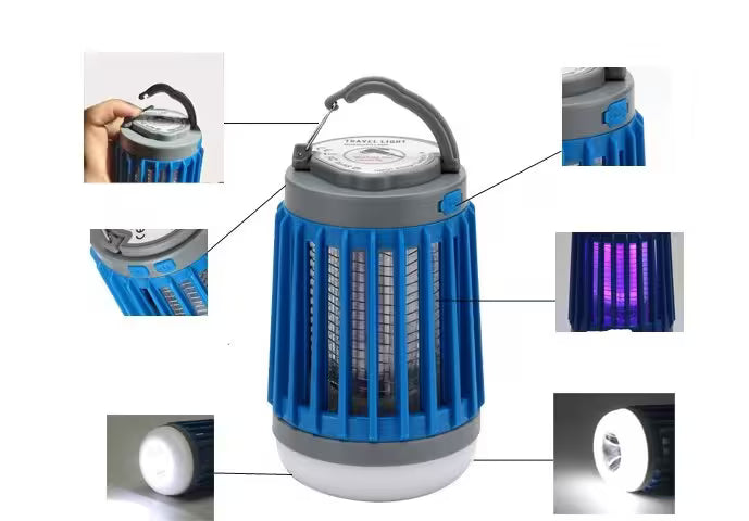 Multifunctional camping lantern with various features highlighted on a white background