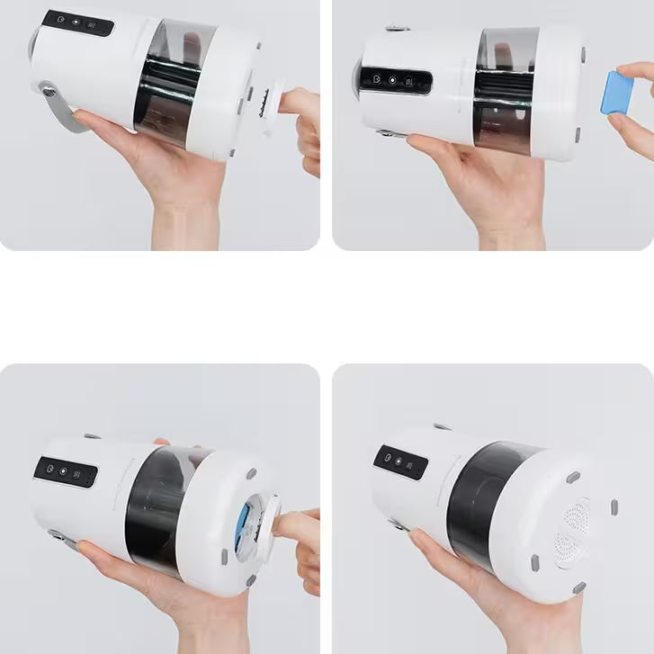 White electronic device with a transparent top, held by hands on a white background