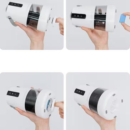 White electronic device with a transparent top, held by hands on a white background