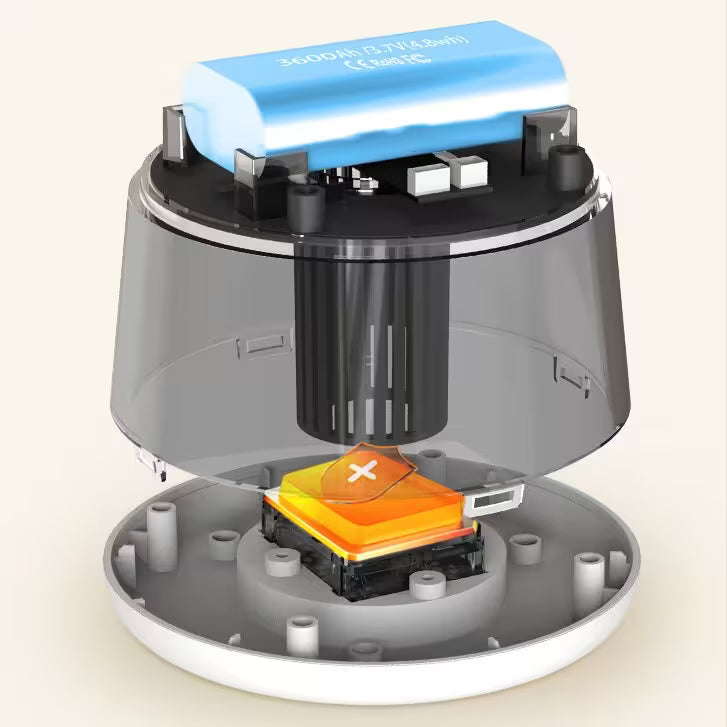 Close-up of a mechanical device with a blue top and orange component on a beige background