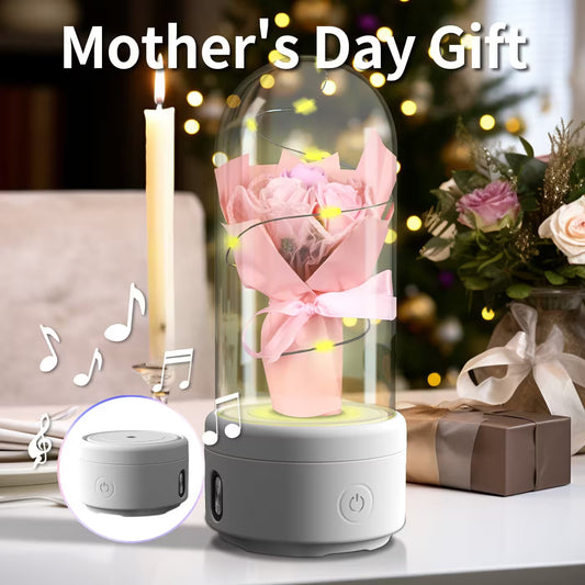Pink rose in a glass dome with music player, ideal for Mother's Day gift.