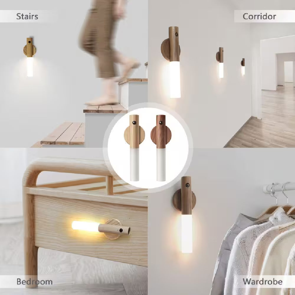 Collage of wall sconces in various settings including stairs, corridor, bedroom, and wardrobe.